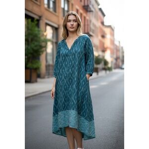 Pure Jill Teal Ikat Print V Neck Midi Dress with High Low Hem  XS 100% Cotton